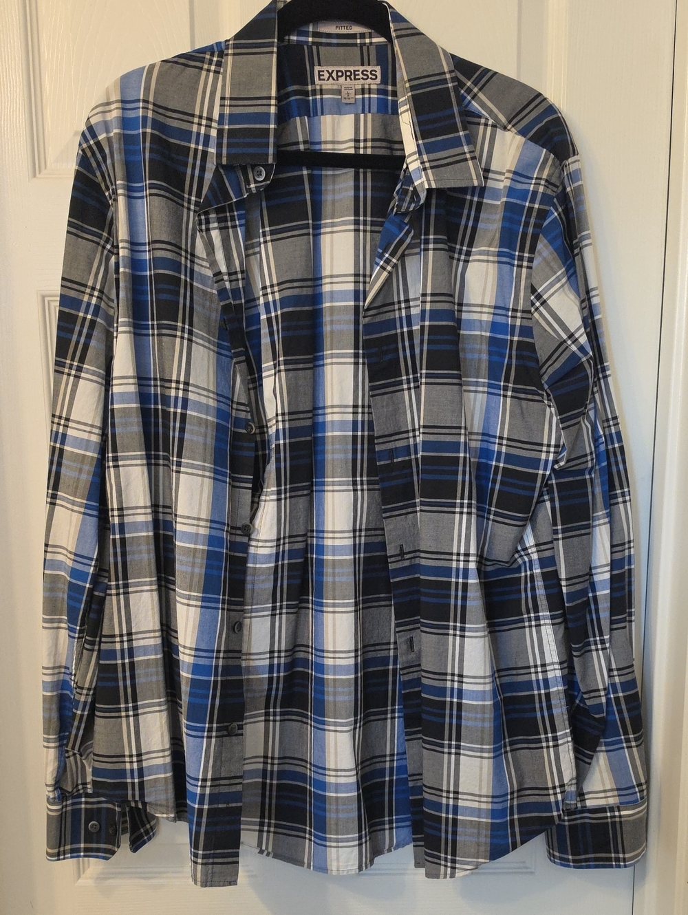 Express Men’s Blue, Black & White Plaid Button-Down Shirt